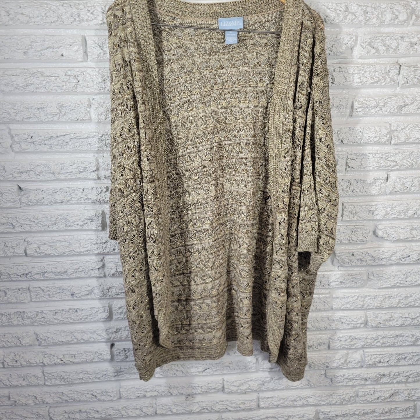 Liz Me Womens Sweater 4X Plus Cardigan Open Gold Tan Metallic Thread Acrylic