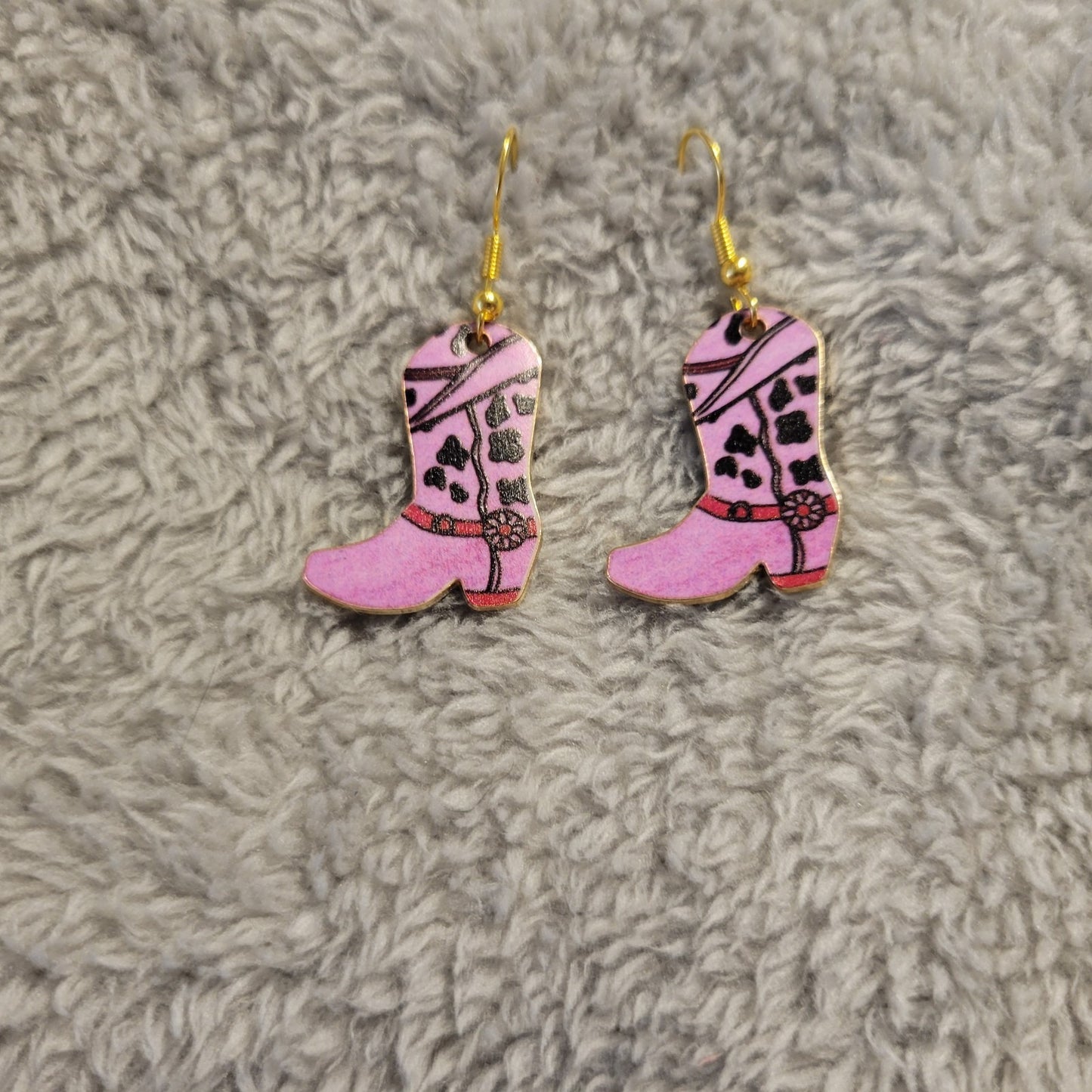 Pink Floral Cowgirl Boot Earrings Gold Tone Western Rodeo Dangle Drop Jewelry