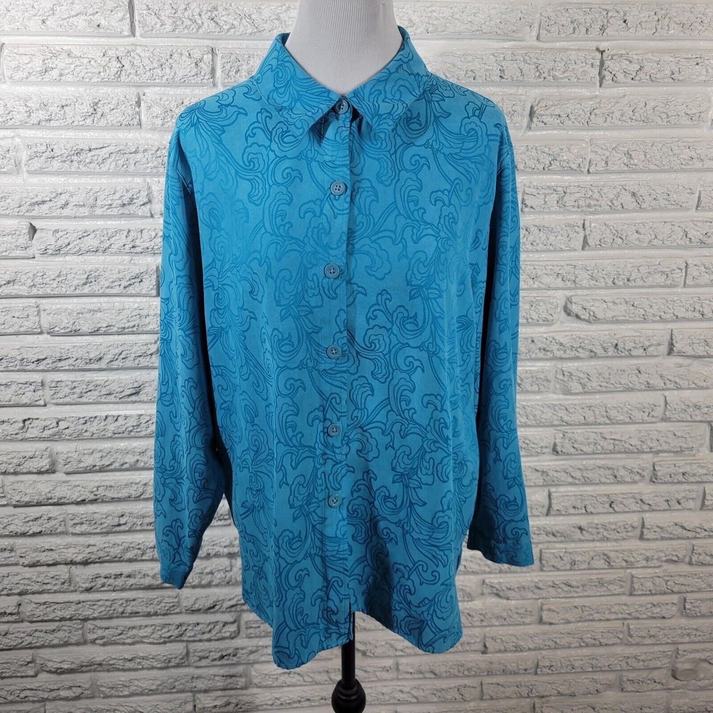 Studio Works Womens Top XL Long Sleeve Blue Abstract Velour Polyester Career