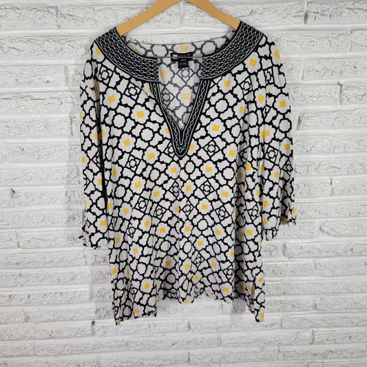 Carole Little Womens Top 3X Plus Split Sleeve Yellow Black Geometric Embroidered