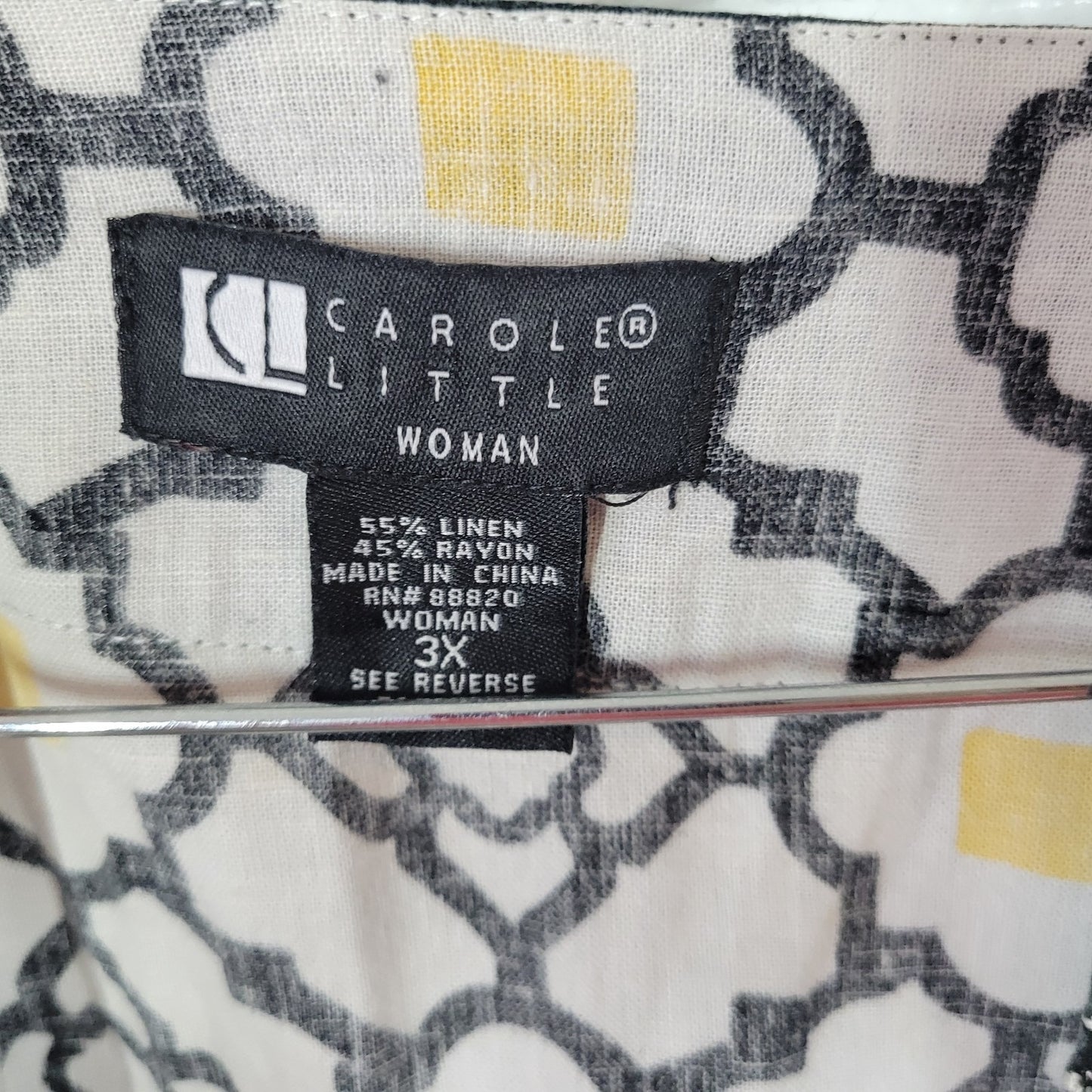 Carole Little Womens Top 3X Plus Split Sleeve Yellow Black Geometric Embroidered