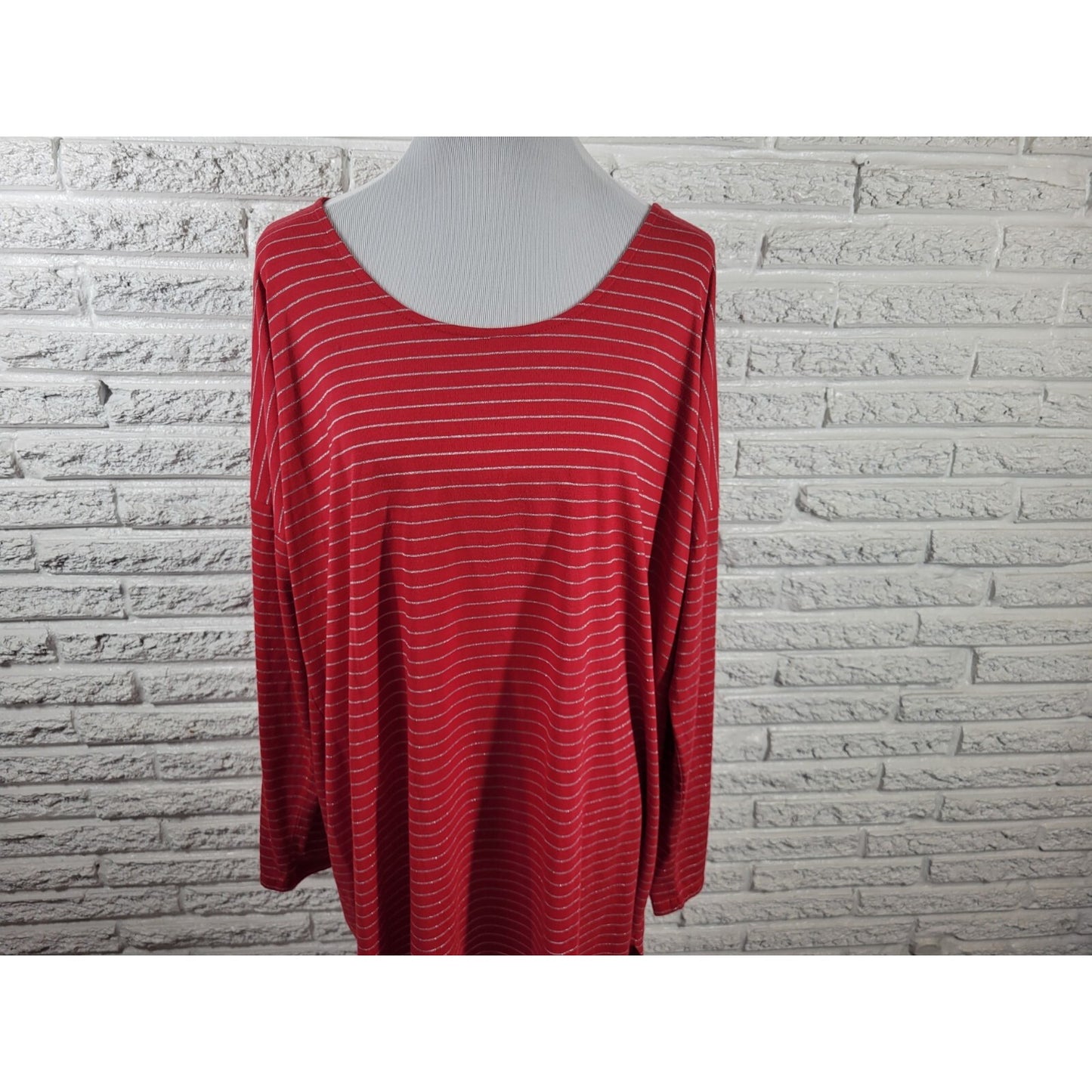Cato Womens Top 3X Plus Tunic Long Sleeve Knit Red Stripe Sheer Poly Blend