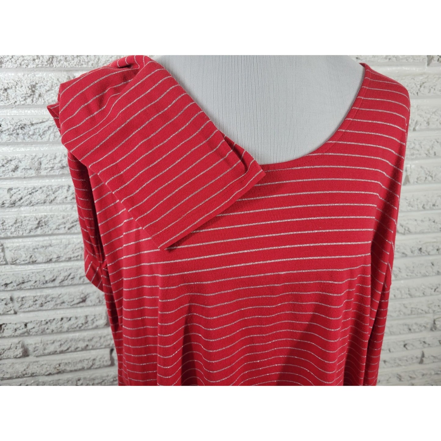 Cato Womens Top 3X Plus Tunic Long Sleeve Knit Red Stripe Sheer Poly Blend