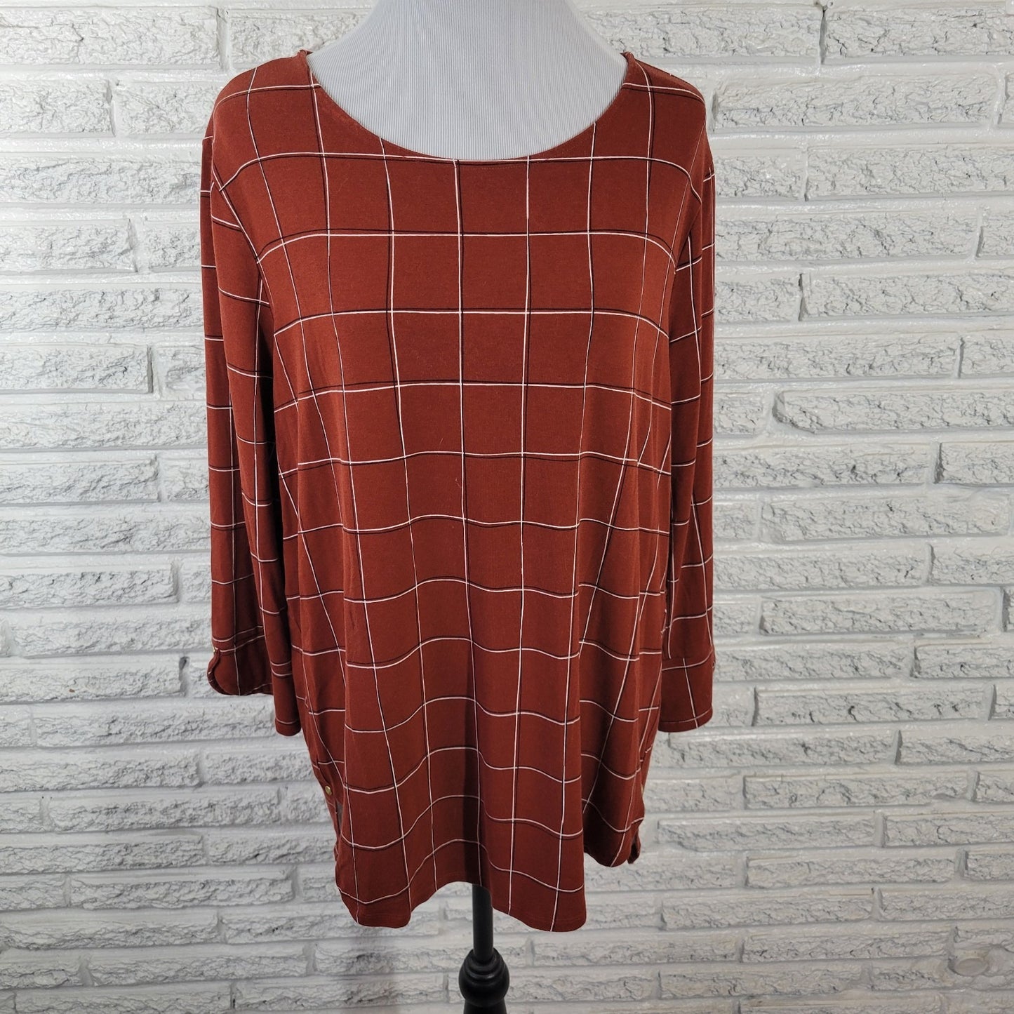 Liz Claiborne Women's XXL Brown Geometric 3/4 Sleeve Pullover Top GEO227E