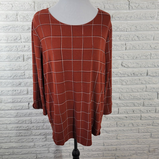 Liz Claiborne Women's XXL Brown Geometric 3/4 Sleeve Pullover Top GEO227E