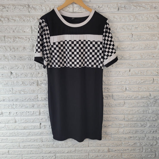 Shein Curve Womens Dress 2XL Plus Mini Short Sleeve Poly Blend Black White Check