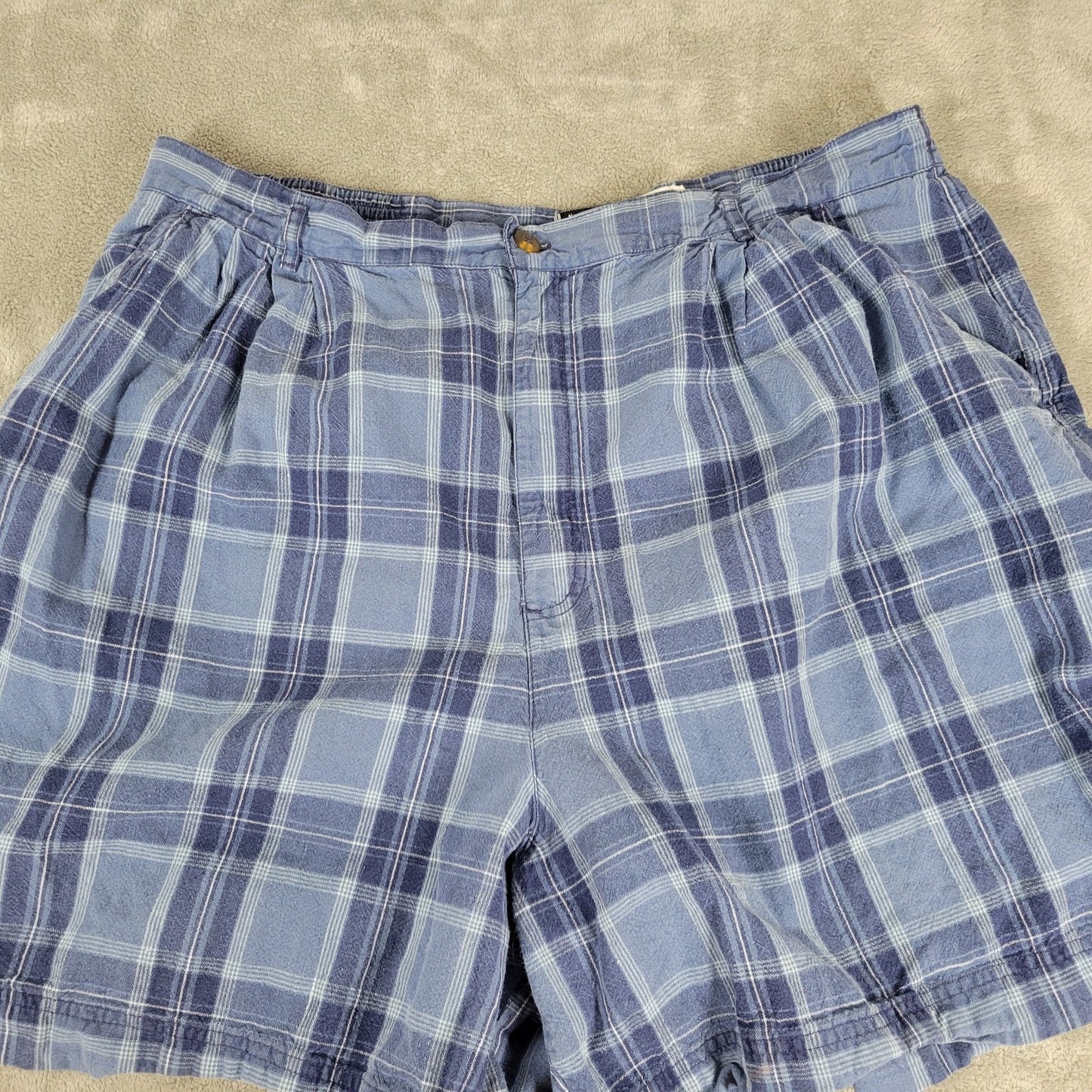 Leslie Fay Womens Short 24W Plus Blue White Plaid Zip Fly Pockets Linen Cotton