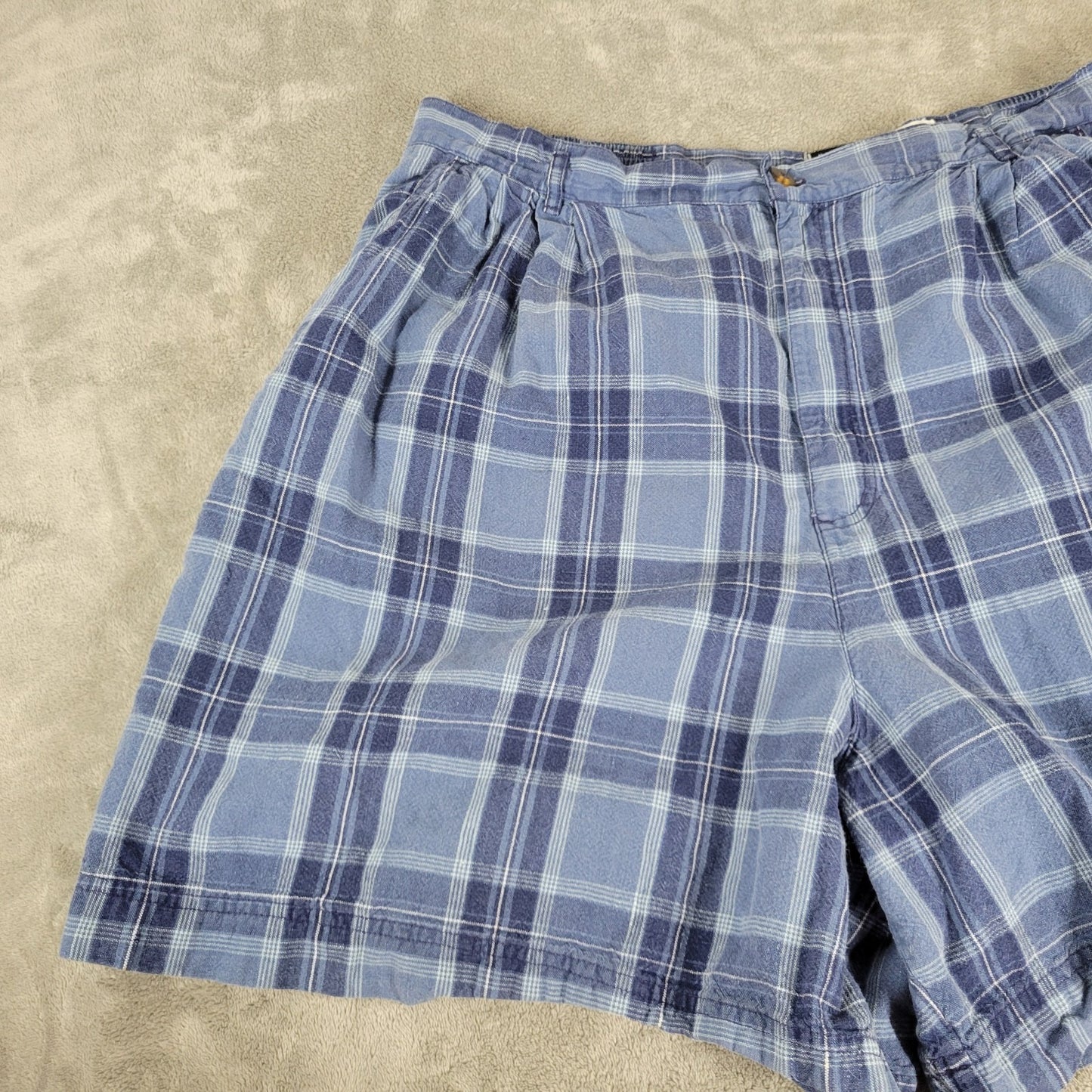 Leslie Fay Womens Short 24W Plus Blue White Plaid Zip Fly Pockets Linen Cotton