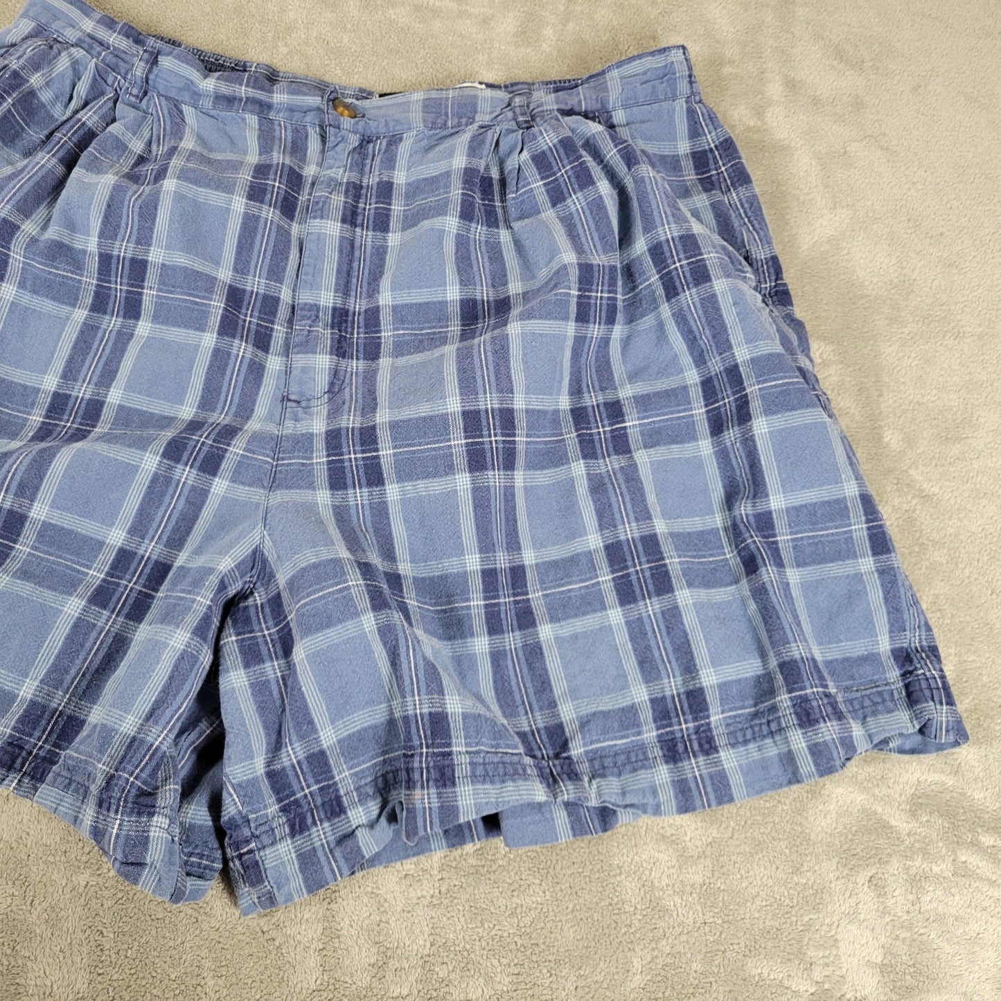 Leslie Fay Womens Short 24W Plus Blue White Plaid Zip Fly Pockets Linen Cotton