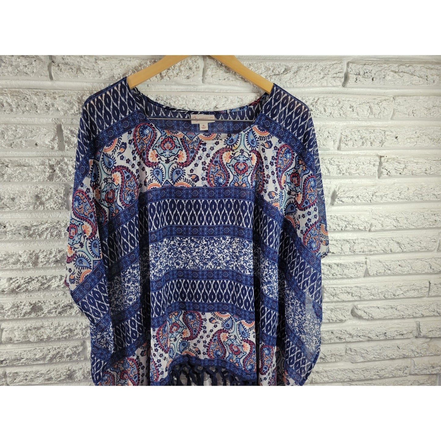Dress Barn Womens Top Extra Large Kimono Sleeve Fringe Sheer Blue Paisley
