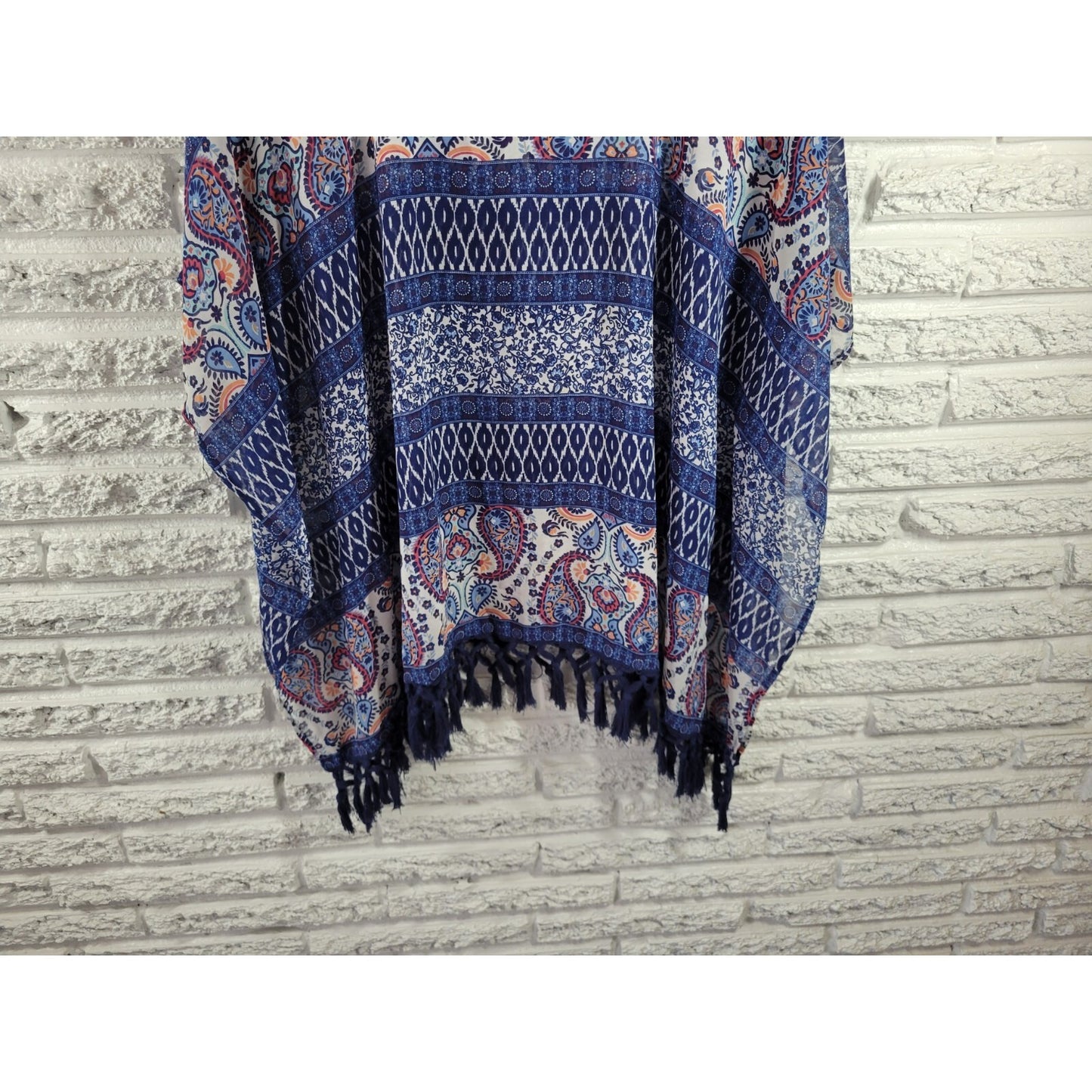 Dress Barn Womens Top Extra Large Kimono Sleeve Fringe Sheer Blue Paisley