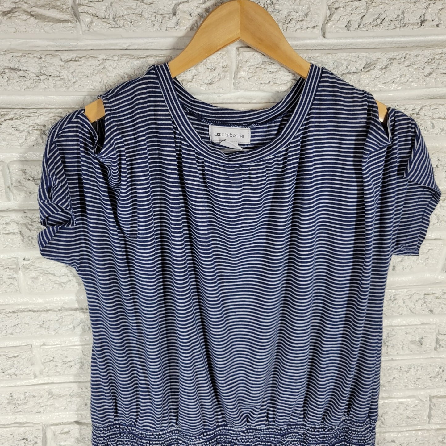 Liz Claiborne Women Top XL Dolman Sleeve Blue Stripe Lightweight Linen Polyester