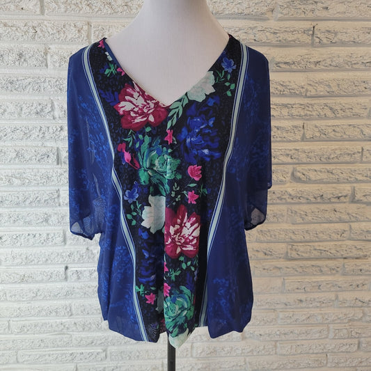 JM Collection Womens Top XL Sheer Split Sleeve Blue Floral Attached Tank Office