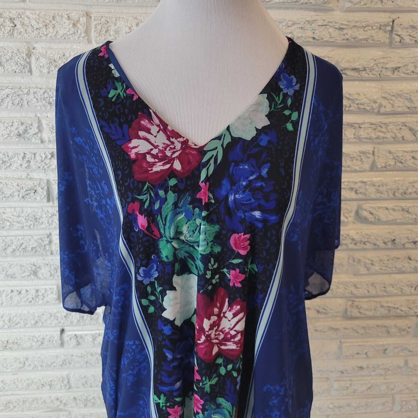 JM Collection Womens Top XL Sheer Split Sleeve Blue Floral Attached Tank Office