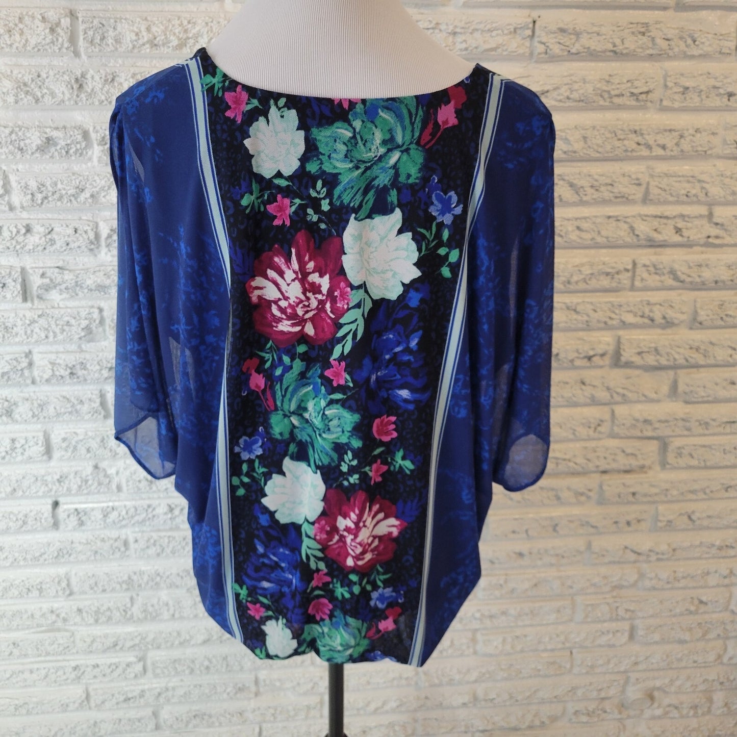 JM Collection Womens Top XL Sheer Split Sleeve Blue Floral Attached Tank Office