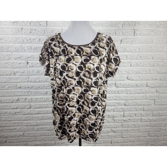 NY Collection Womens Top 1X Plus Sleeveless Brown Circles Tiered Office Ruffle