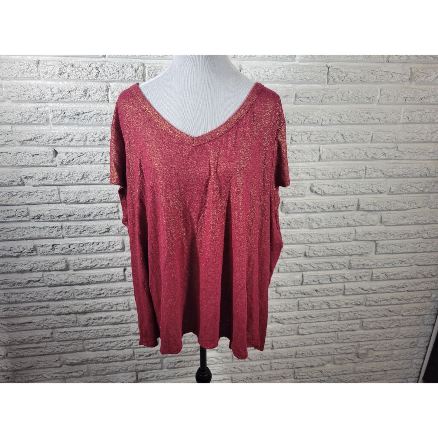 Lane Bryant Womens Top 26 28 Tee Cap Sleeve Red Metallic Casual Linen Polyester