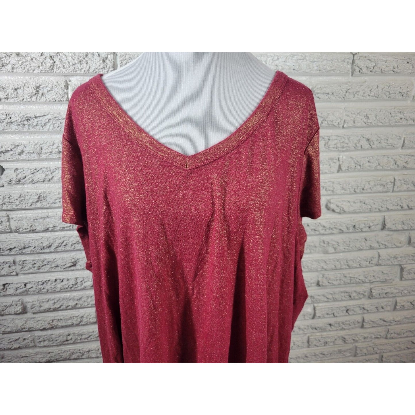 Lane Bryant Womens Top 26 28 Tee Cap Sleeve Red Metallic Casual Linen Polyester
