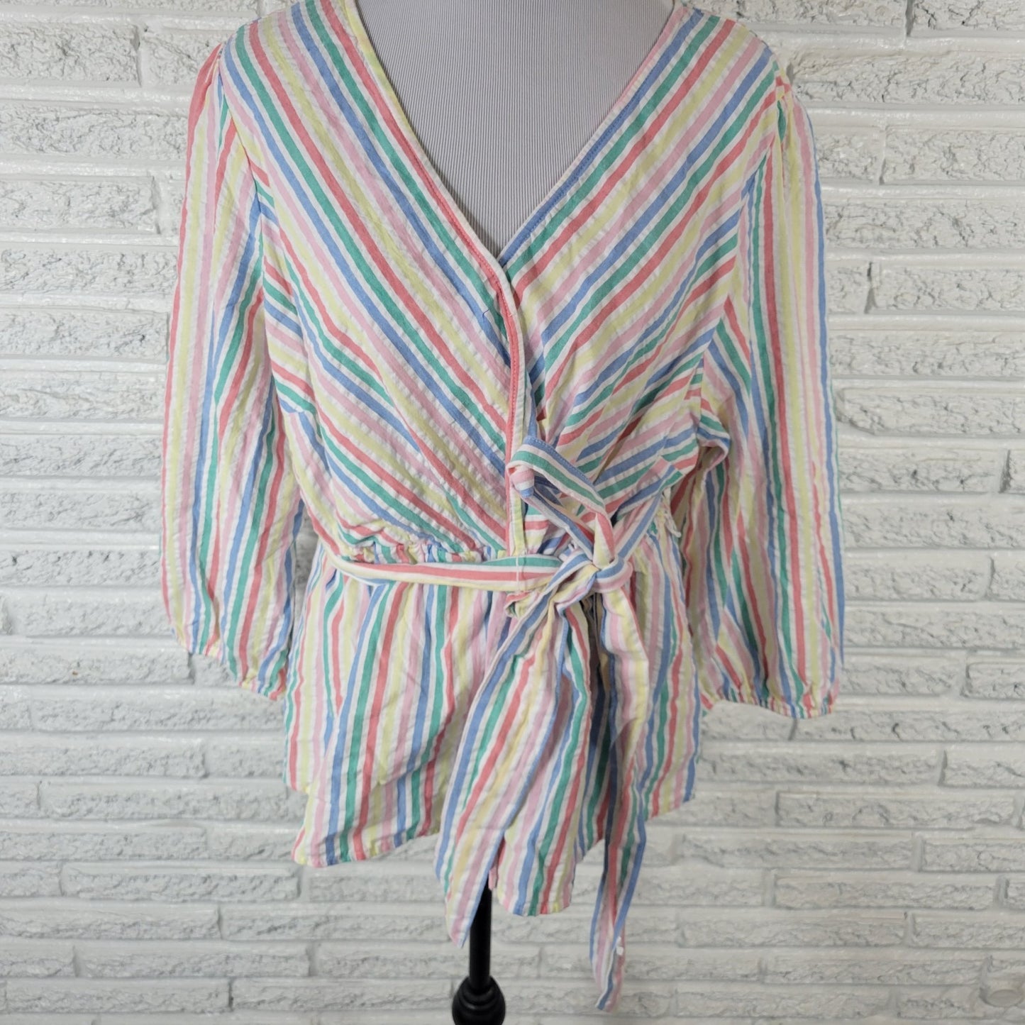 St Johns Bay Womens Top 0X Baby Doll 3/4 Sleeve Pastels Lightweight Sash Comfy