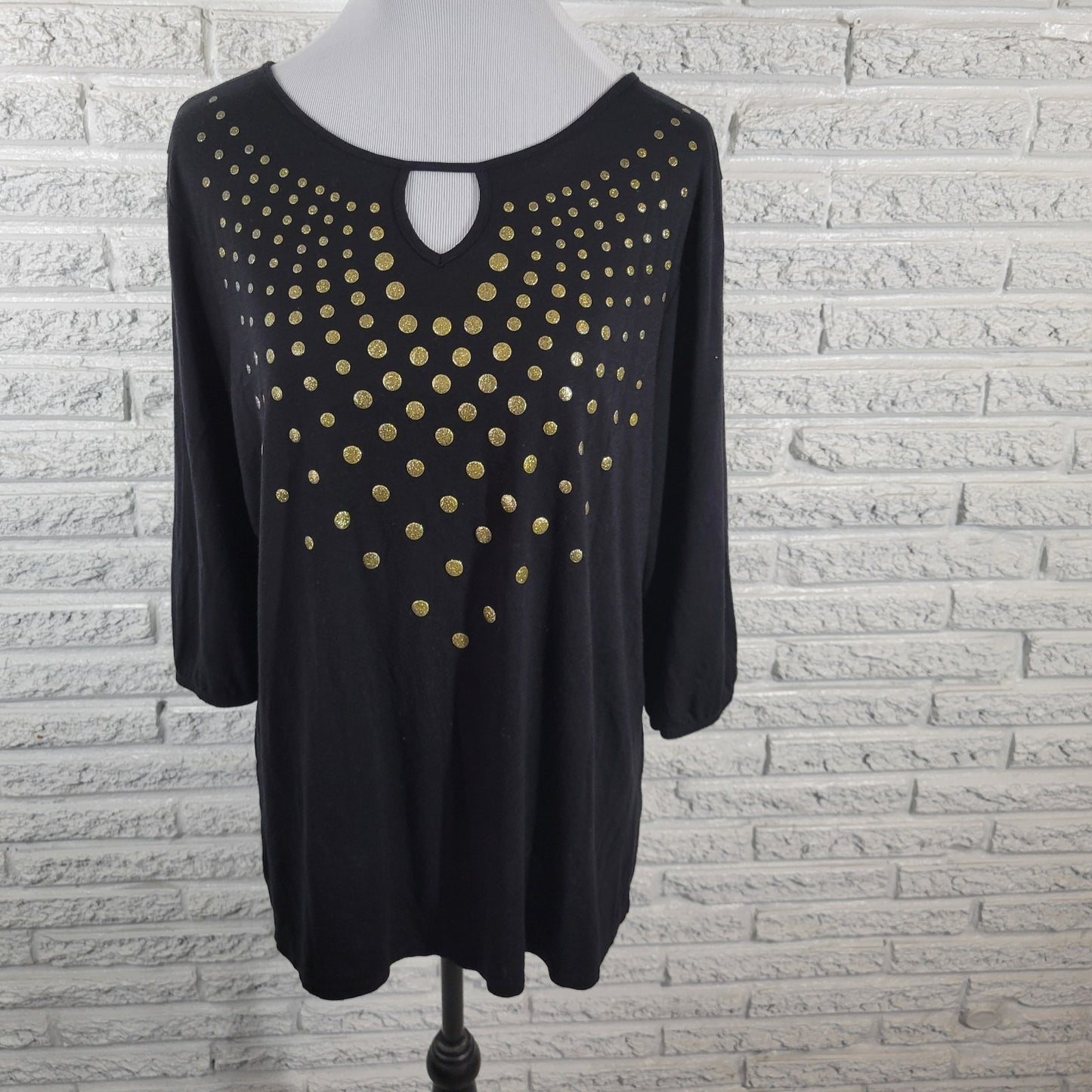 Just My Size Women Top 2X Plus 3/4 Sleeve Black Glitter Polka Dot Keyhole Casual