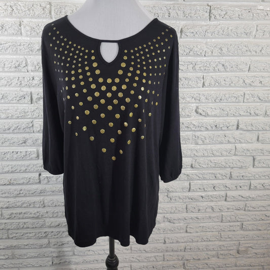 Just My Size Women Top 2X Plus 3/4 Sleeve Black Glitter Polka Dot Keyhole Casual