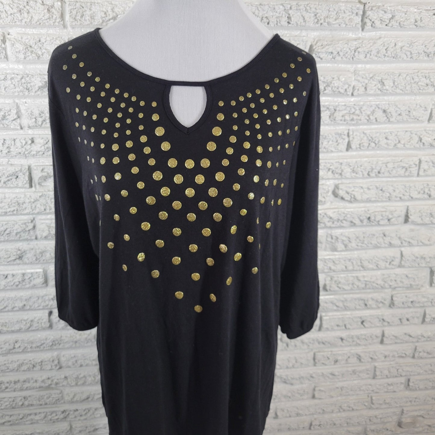 Just My Size Women Top 2X Plus 3/4 Sleeve Black Glitter Polka Dot Keyhole Casual