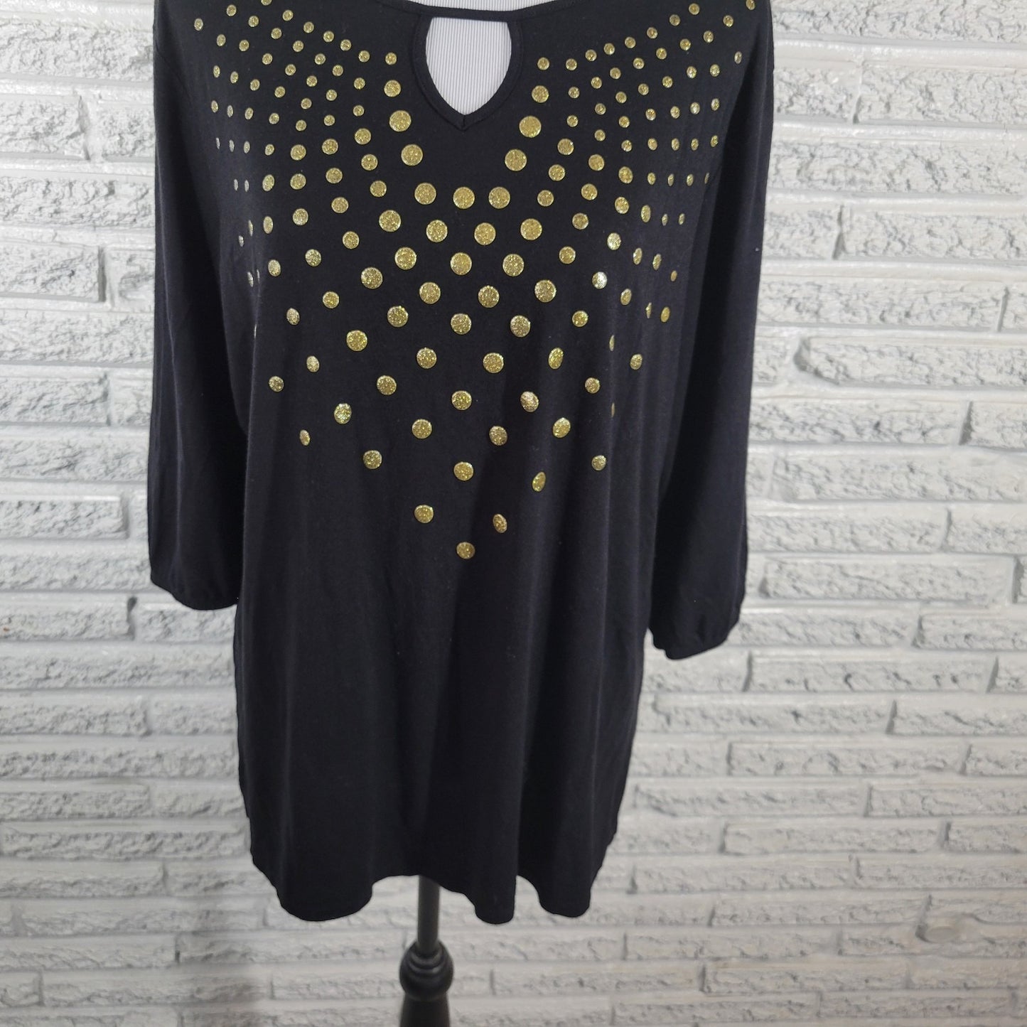 Just My Size Women Top 2X Plus 3/4 Sleeve Black Glitter Polka Dot Keyhole Casual