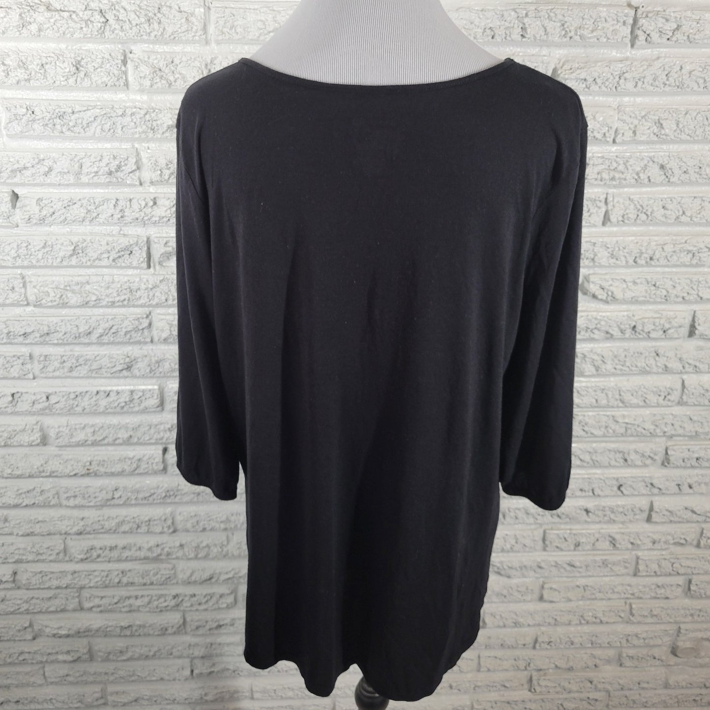 Just My Size Women Top 2X Plus 3/4 Sleeve Black Glitter Polka Dot Keyhole Casual