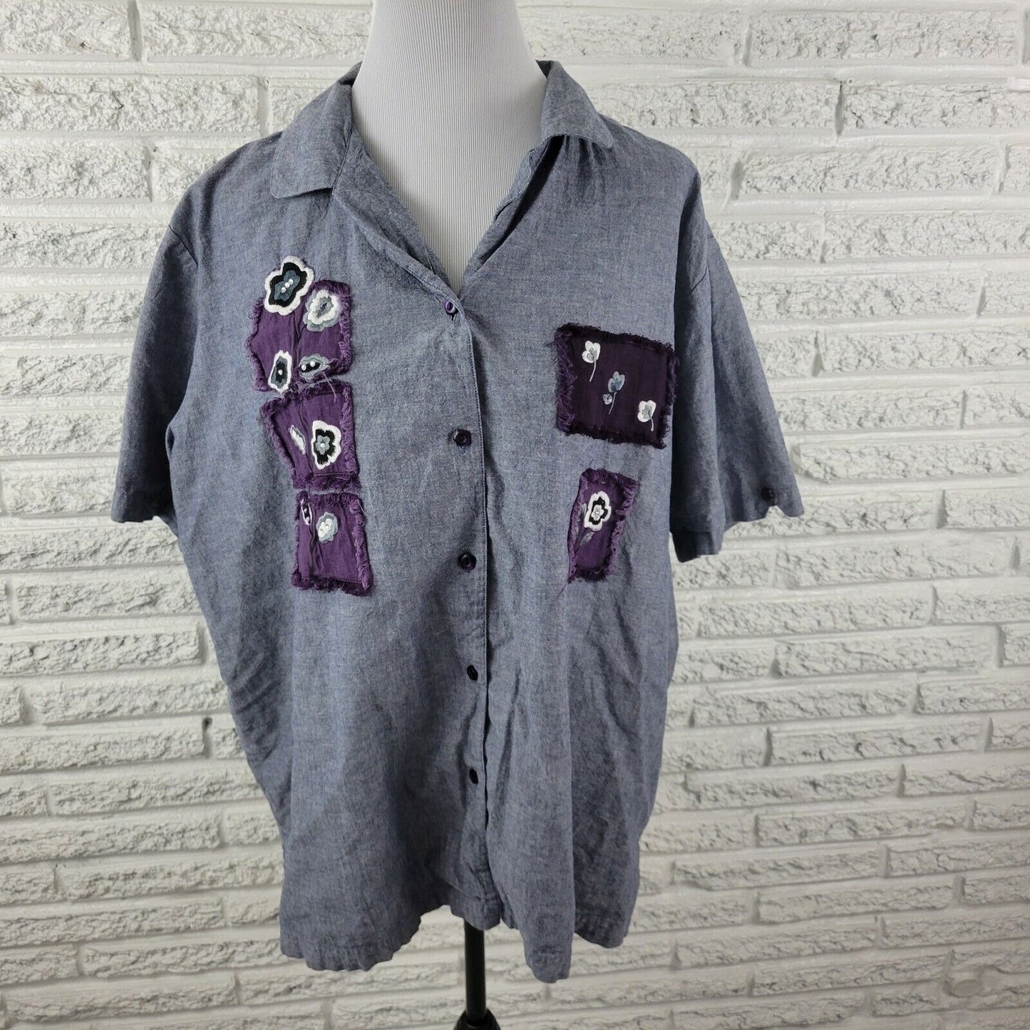 Bobbie Brooks Women Shirt 26W 28W Short Sleeve Blue Patchwork Chambray Button Up