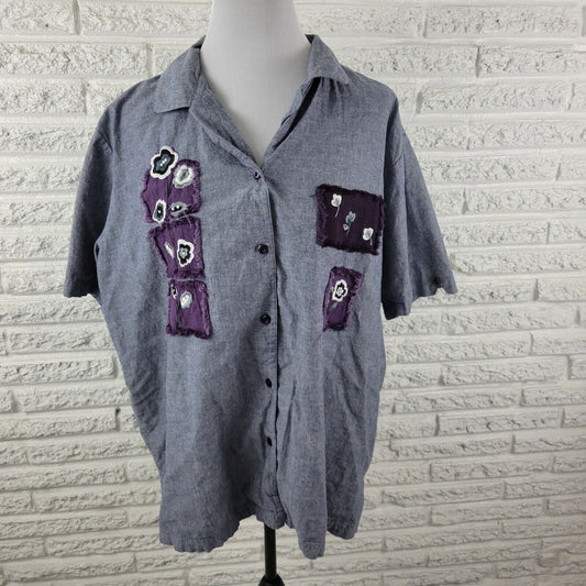 Bobbie Brooks Women Shirt 26W 28W Short Sleeve Blue Patchwork Chambray Button Up