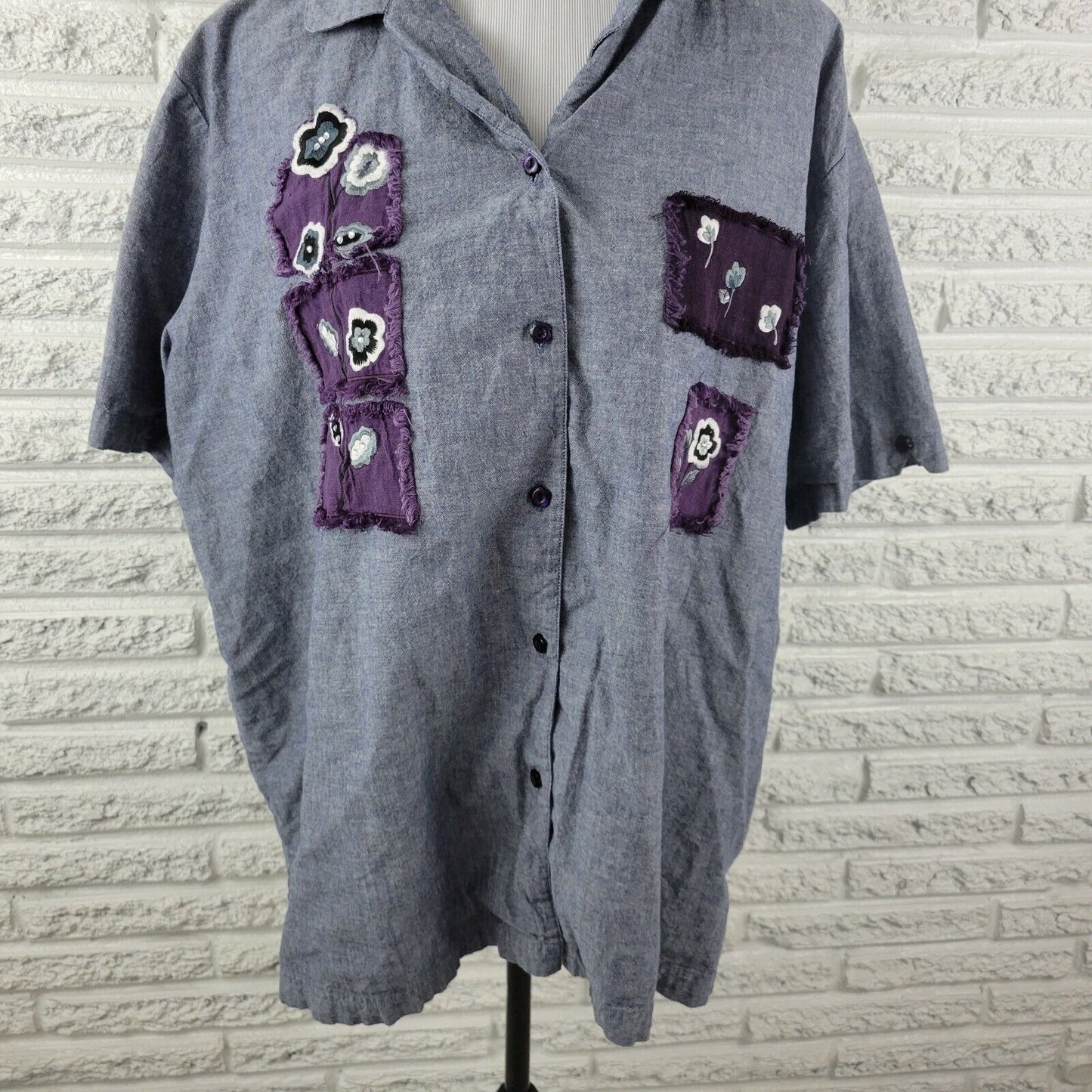 Bobbie Brooks Women Shirt 26W 28W Short Sleeve Blue Patchwork Chambray Button Up