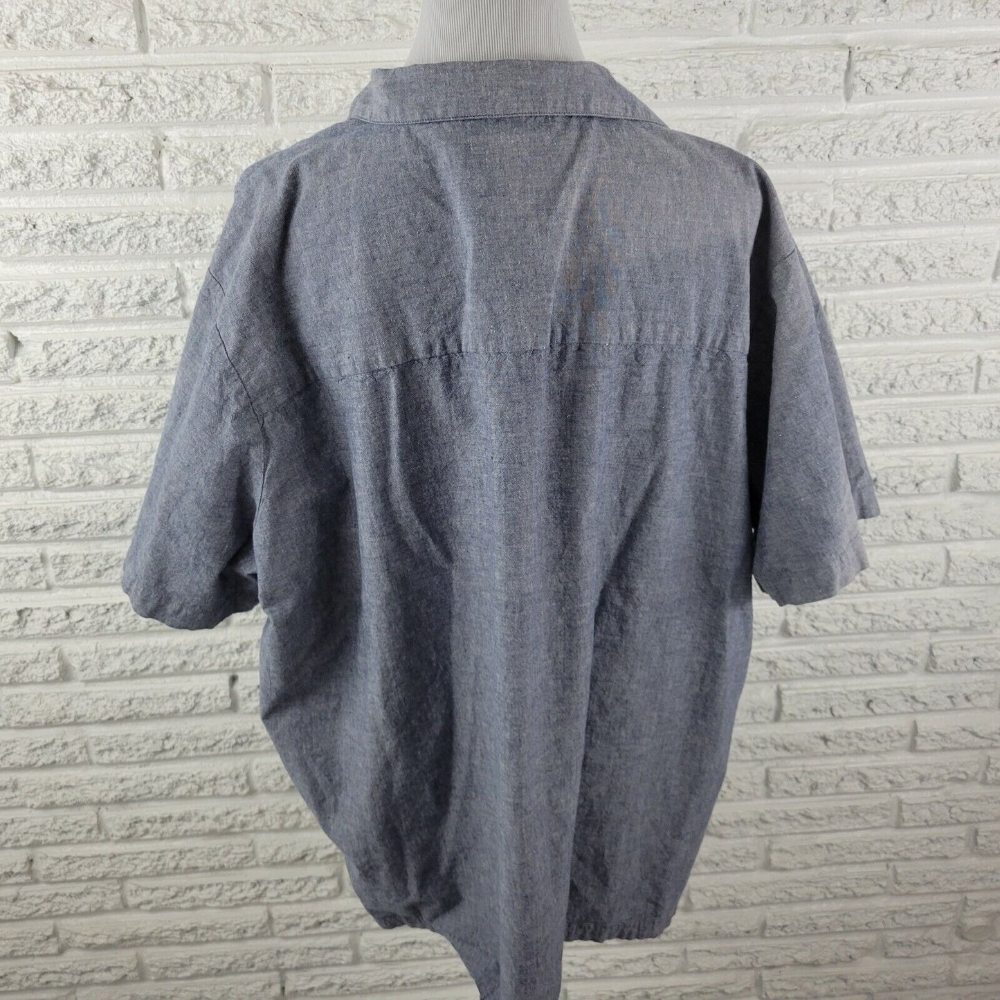 Bobbie Brooks Women Shirt 26W 28W Short Sleeve Blue Patchwork Chambray Button Up