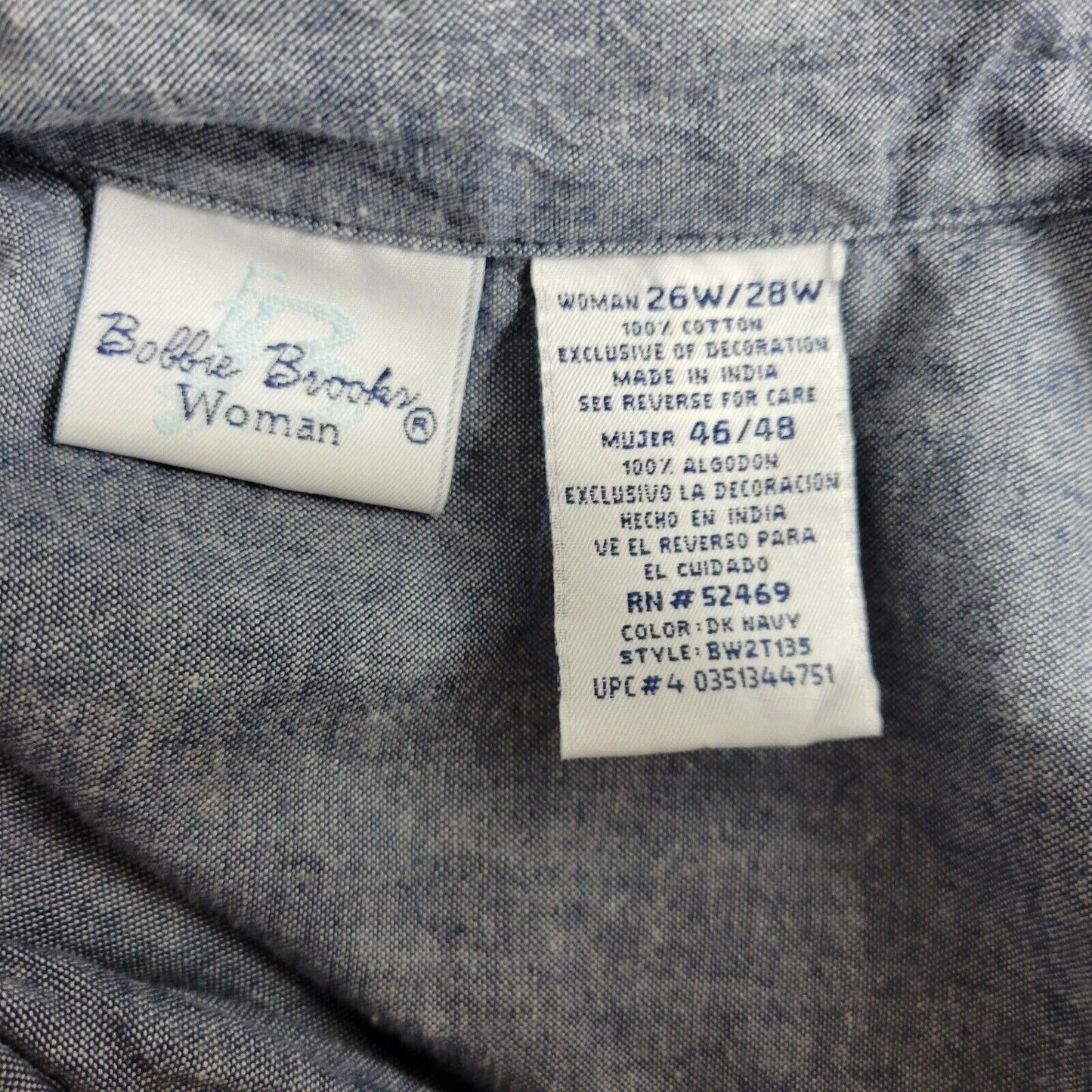 Bobbie Brooks Women Shirt 26W 28W Short Sleeve Blue Patchwork Chambray Button Up