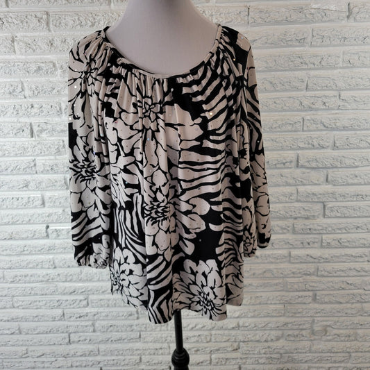 Rebecca Malone Womens Top 1X 3/4 Sleeve Black White Floral Sequins Poly Blend