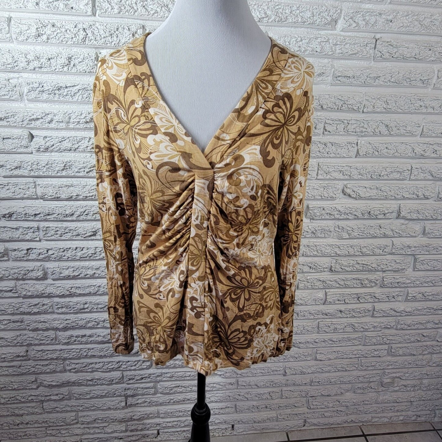 New York Co Womens Top Extra Large Tan Floral Ruched Metallic Thread Casual