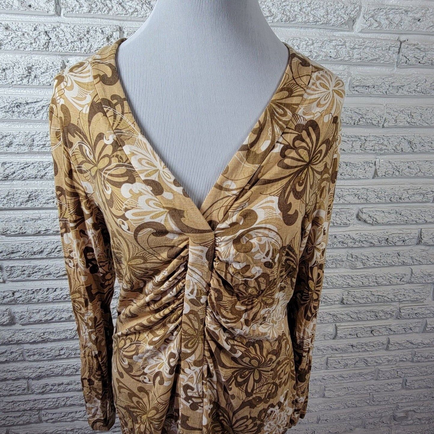 New York Co Womens Top Extra Large Tan Floral Ruched Metallic Thread Casual