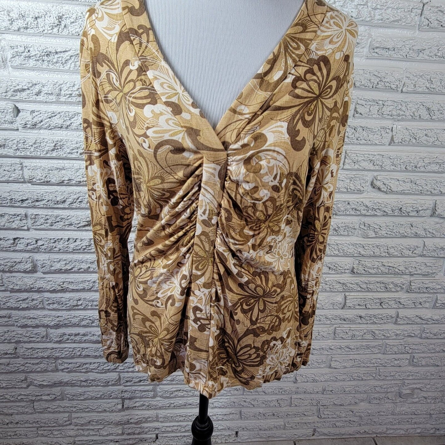 New York Co Womens Top Extra Large Tan Floral Ruched Metallic Thread Casual