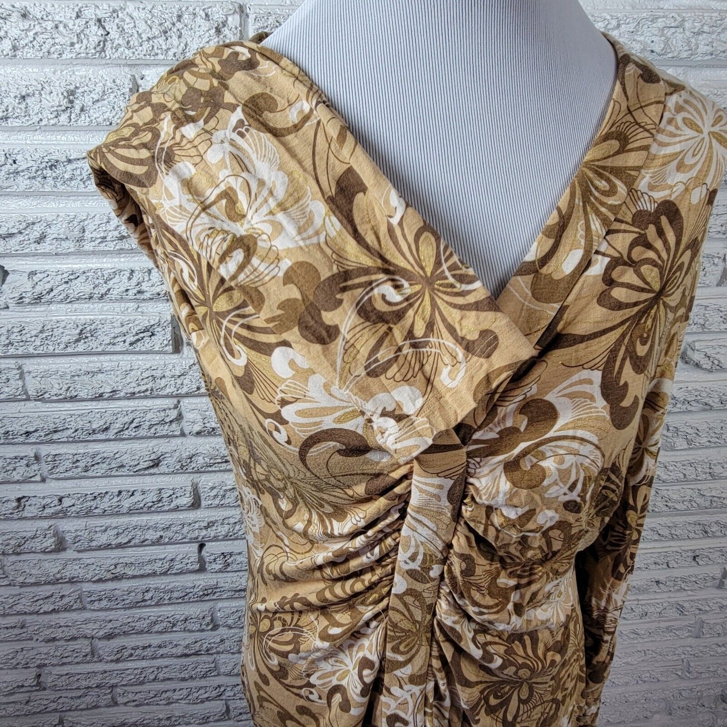 New York Co Womens Top Extra Large Tan Floral Ruched Metallic Thread Casual
