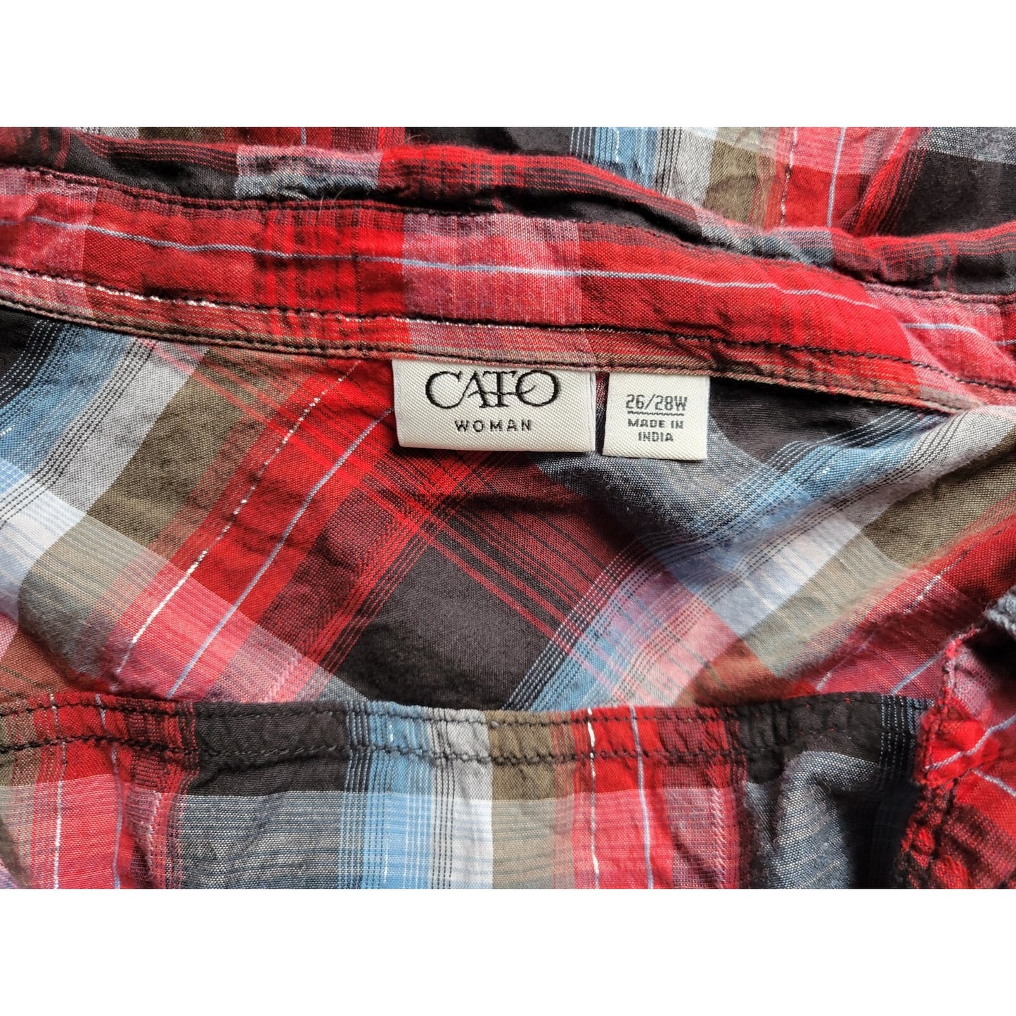 Cato Womens Shirt 26W 28W Plus Roll Tab Sleeve Collar Red Plaid  Button Metallic