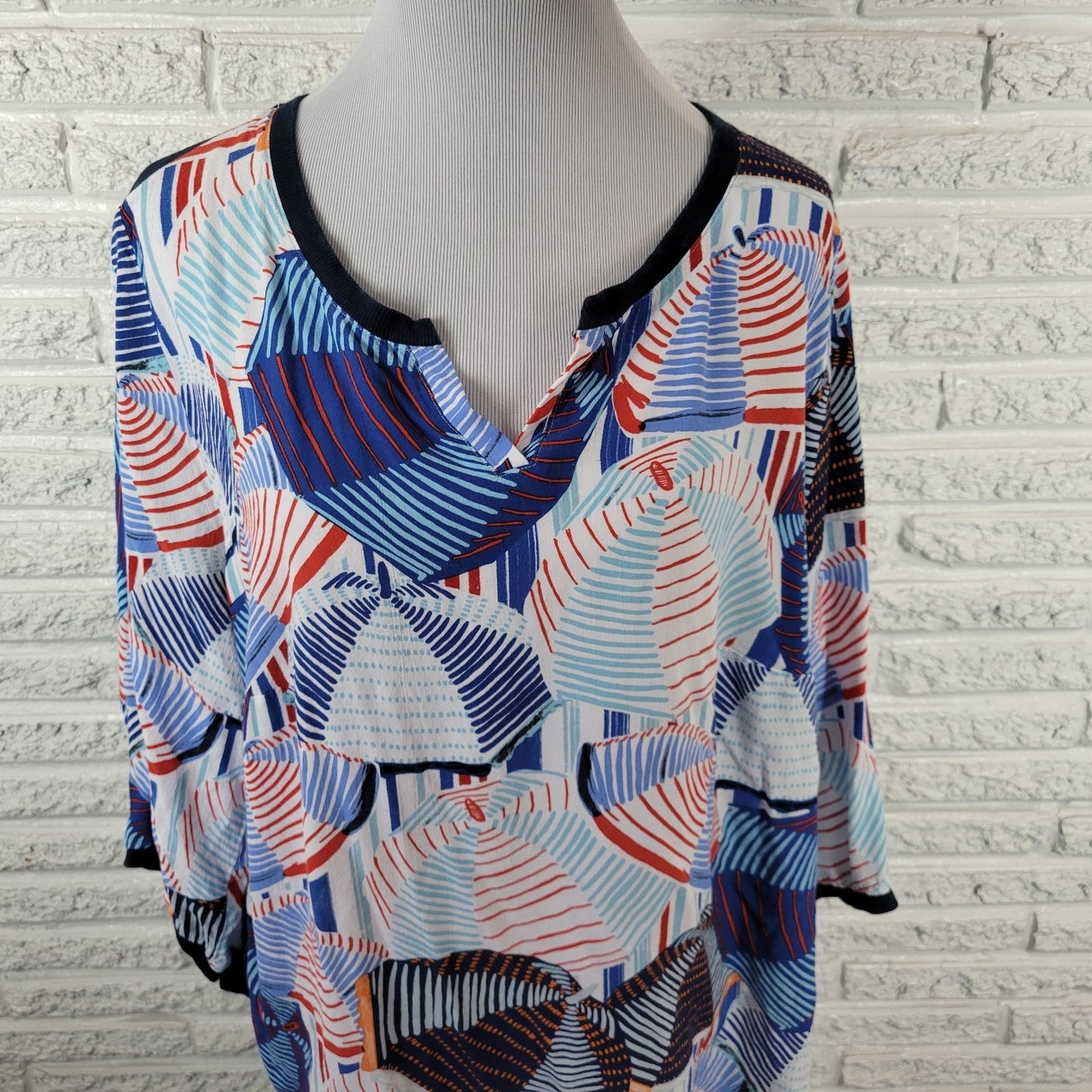 Ulla Popken Women's Plus Size 20 22 Blue Geometric Viscose 3/4 Sleeve V-Neck