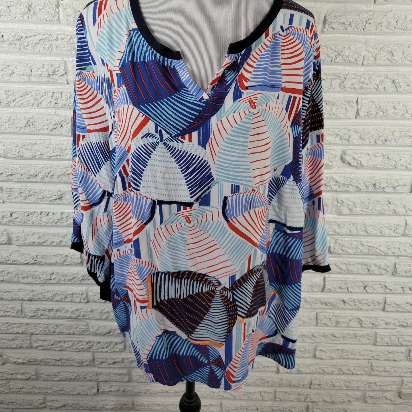 Ulla Popken Women's Plus Size 20 22 Blue Geometric Viscose 3/4 Sleeve V-Neck