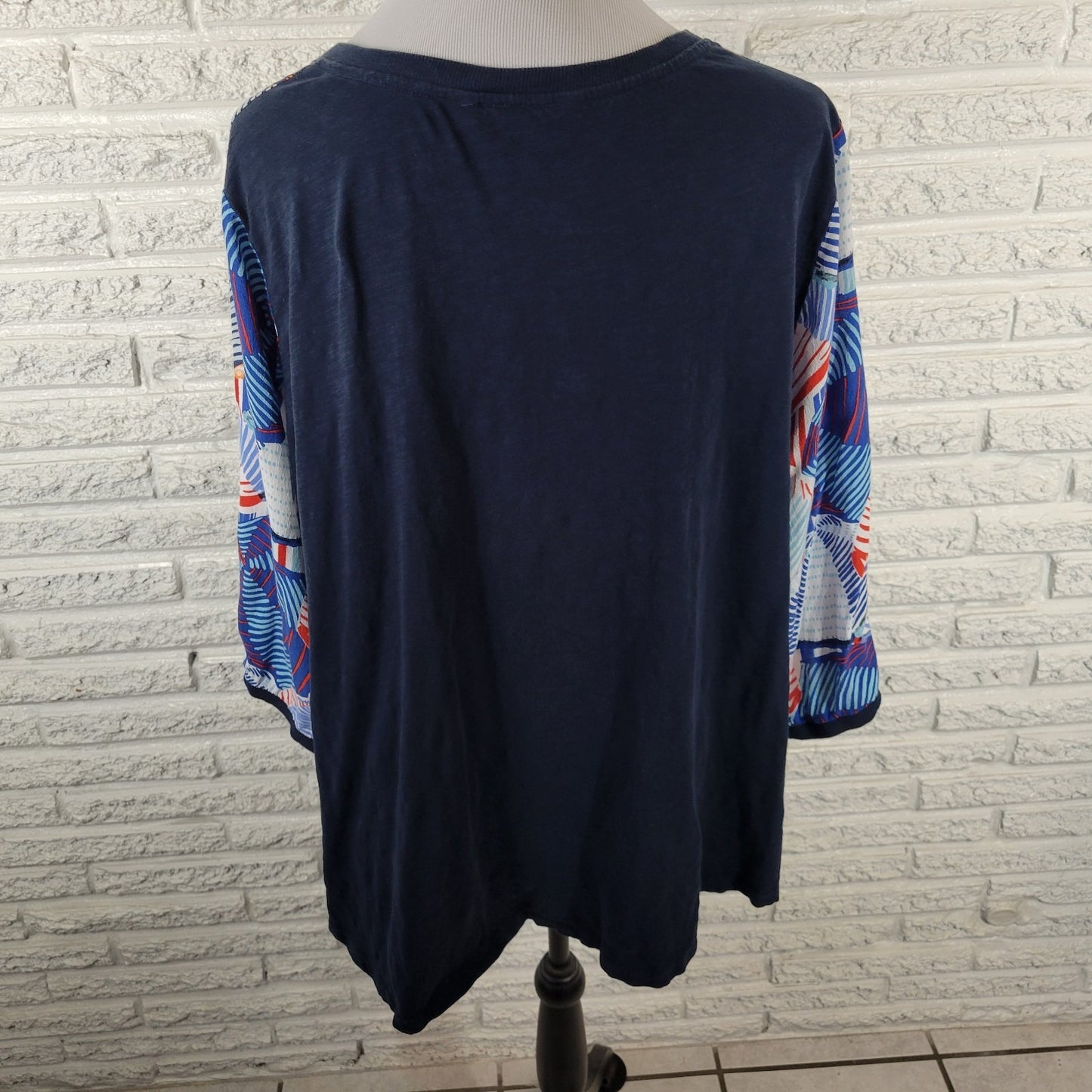Ulla Popken Women's Plus Size 20 22 Blue Geometric Viscose 3/4 Sleeve V-Neck