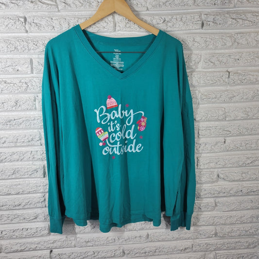 Secret Treasures Womens Pajama Top 3X Plus Blue Green Baby Its Cold Outside