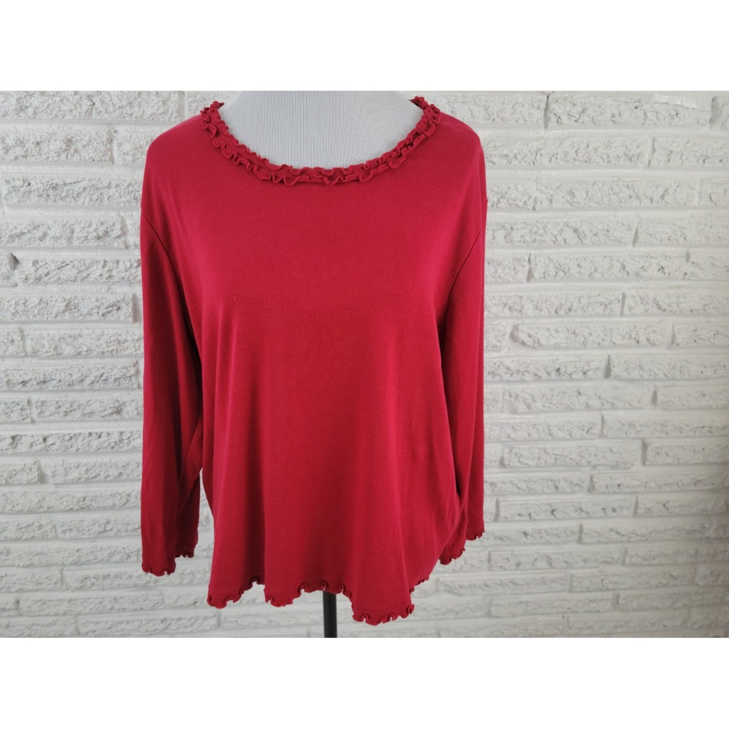 Sag Harbor Womens Top 1X Plus Knit Long Sleeve Pullover Red Ruffle Cotton Blend