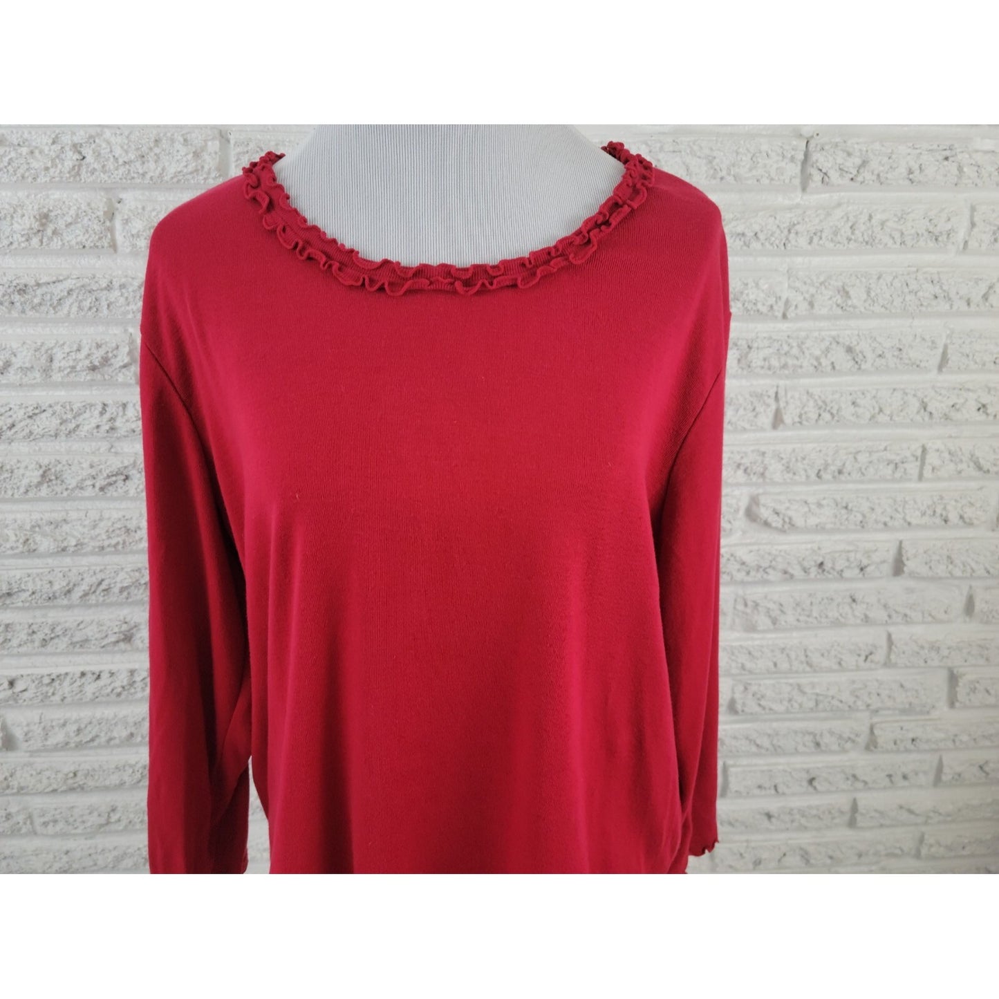 Sag Harbor Womens Top 1X Plus Knit Long Sleeve Pullover Red Ruffle Cotton Blend