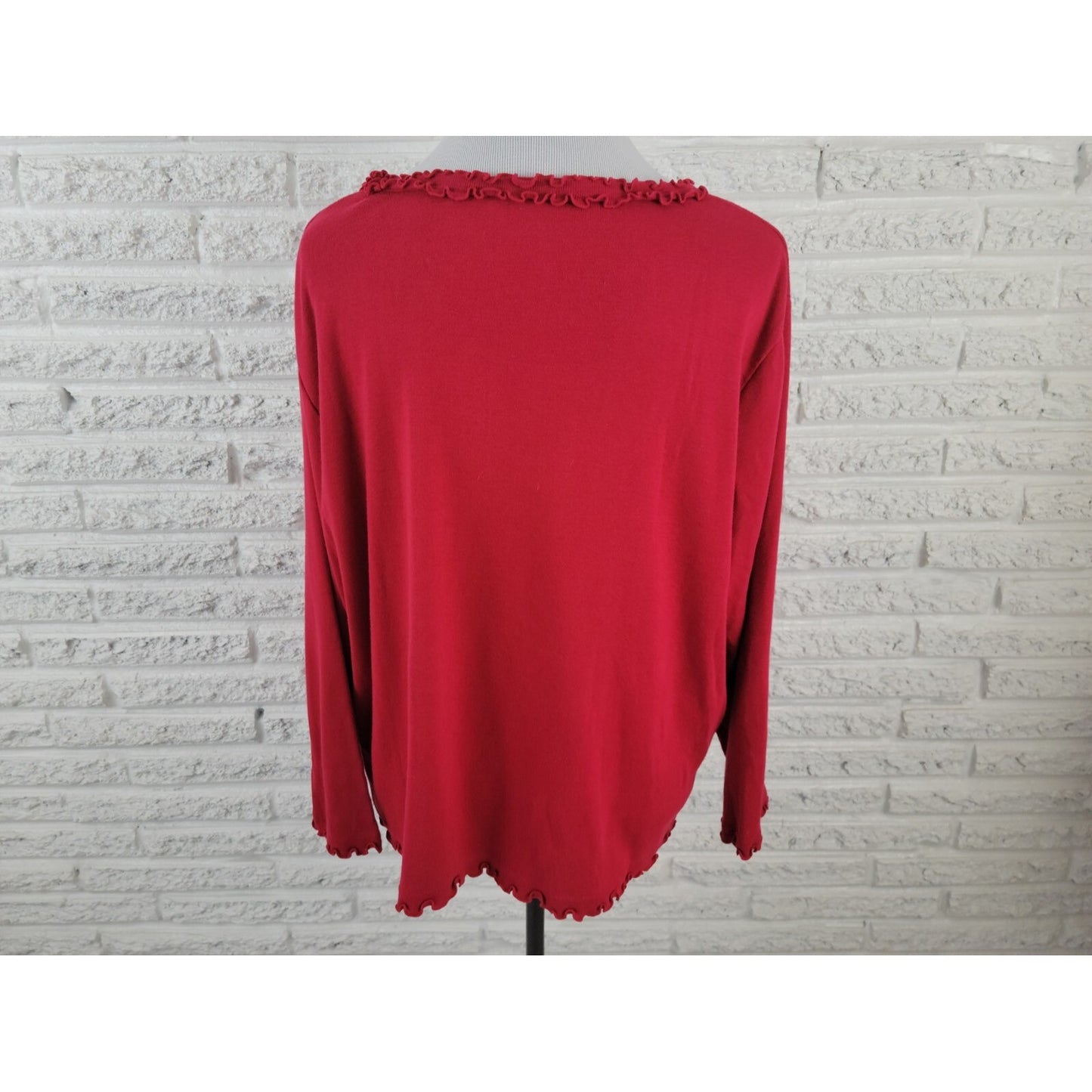 Sag Harbor Womens Top 1X Plus Knit Long Sleeve Pullover Red Ruffle Cotton Blend