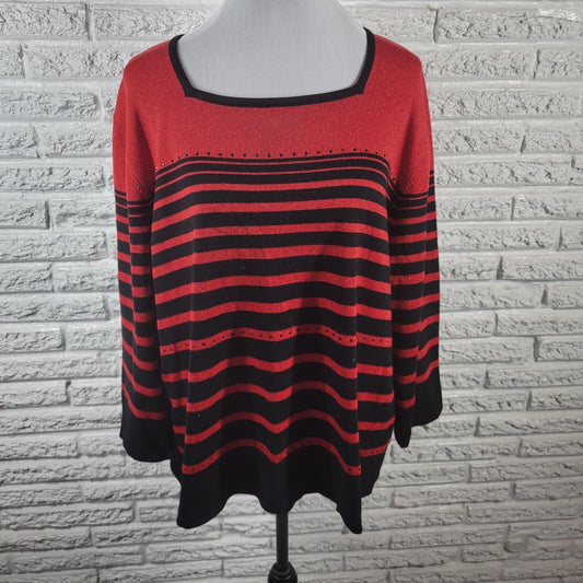 Alfred Dunner Womens Sweater 2X Plus 3/4 Sleeve Red Stripe Metallic Lightweight