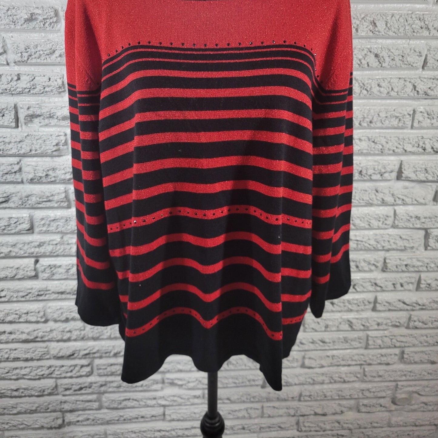 Alfred Dunner Womens Sweater 2X Plus 3/4 Sleeve Red Stripe Metallic Lightweight