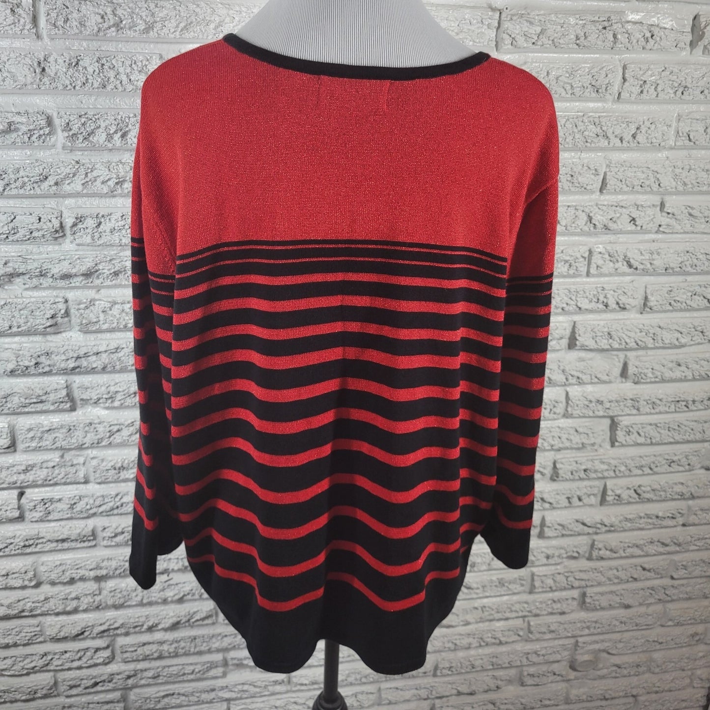 Alfred Dunner Womens Sweater 2X Plus 3/4 Sleeve Red Stripe Metallic Lightweight
