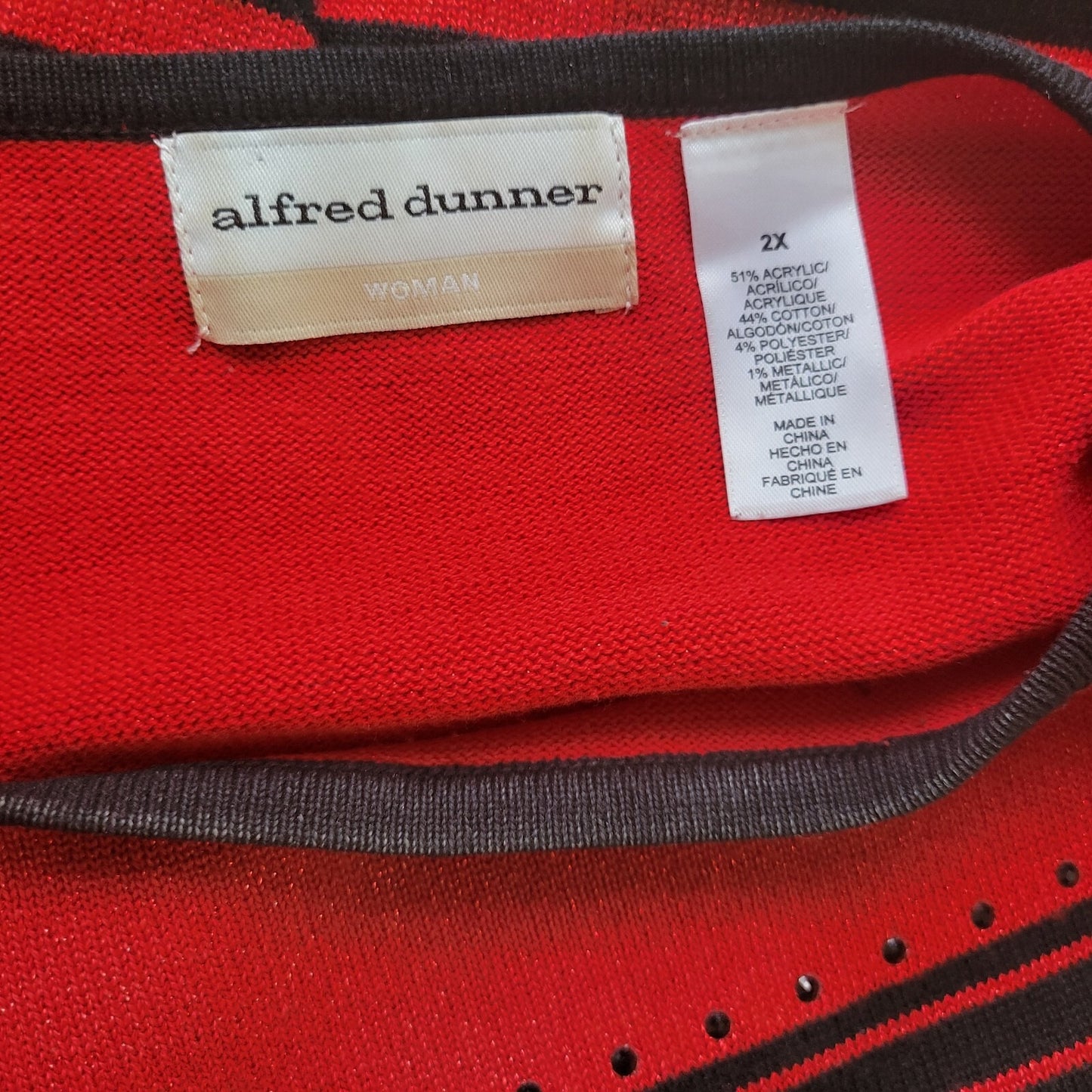 Alfred Dunner Womens Sweater 2X Plus 3/4 Sleeve Red Stripe Metallic Lightweight